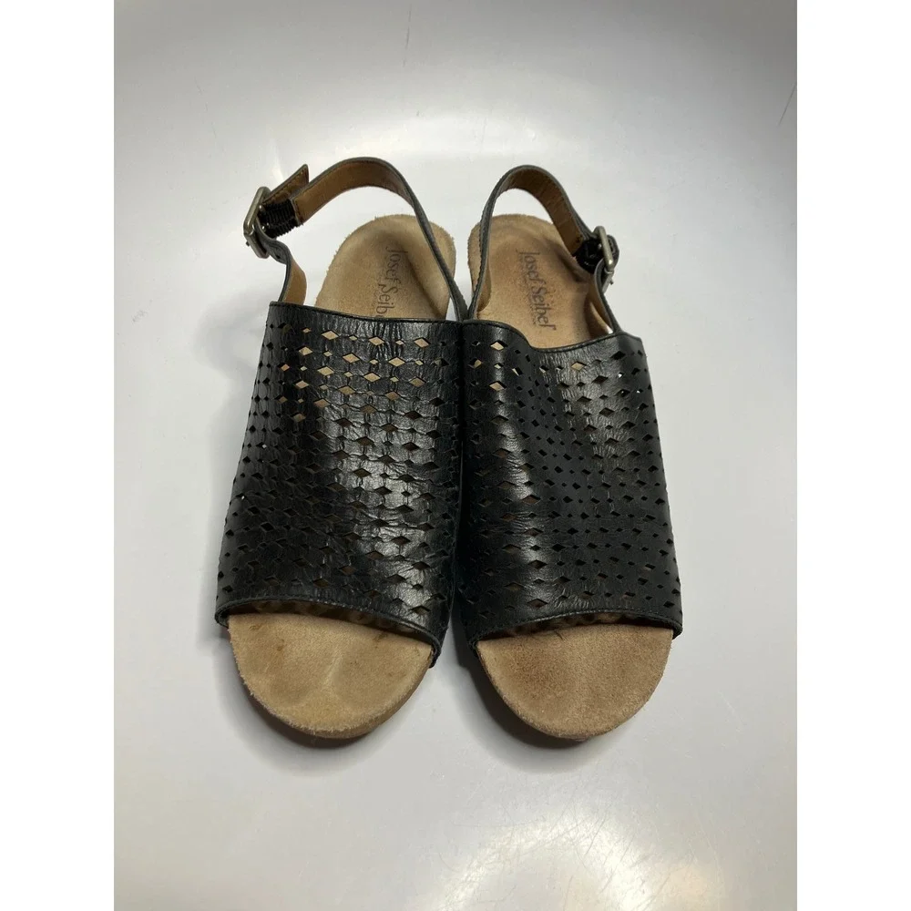 Josef Seibel black laser cut leather sandals women's size 39 8.5 business casual